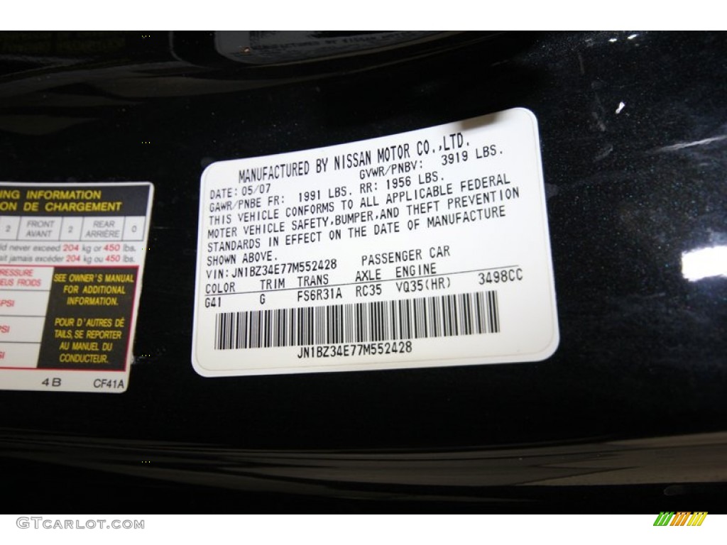 2007 350Z Color Code G41 for Magnetic Black Pearl Photo #80349360