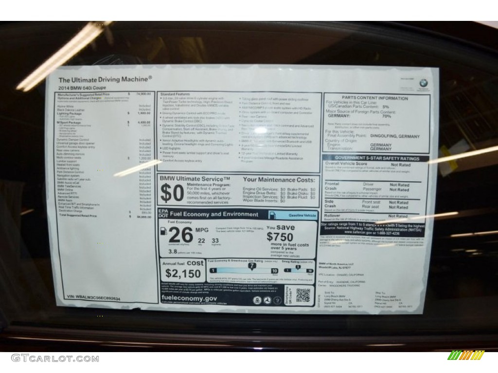 2014 BMW 6 Series 640i Coupe Window Sticker Photo #80350171