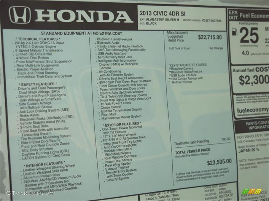 2013 Honda Civic Si Sedan Window Sticker Photo #80361415
