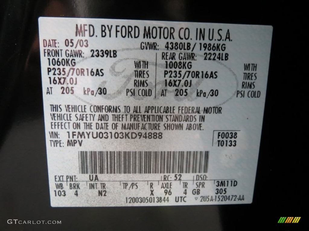 2003 Escape Color Code UA for Black Clearcoat Photo #80400895