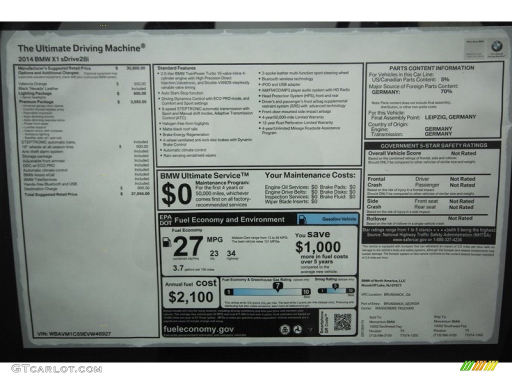 2014 BMW X1 sDrive28i Window Sticker Photo #80414488