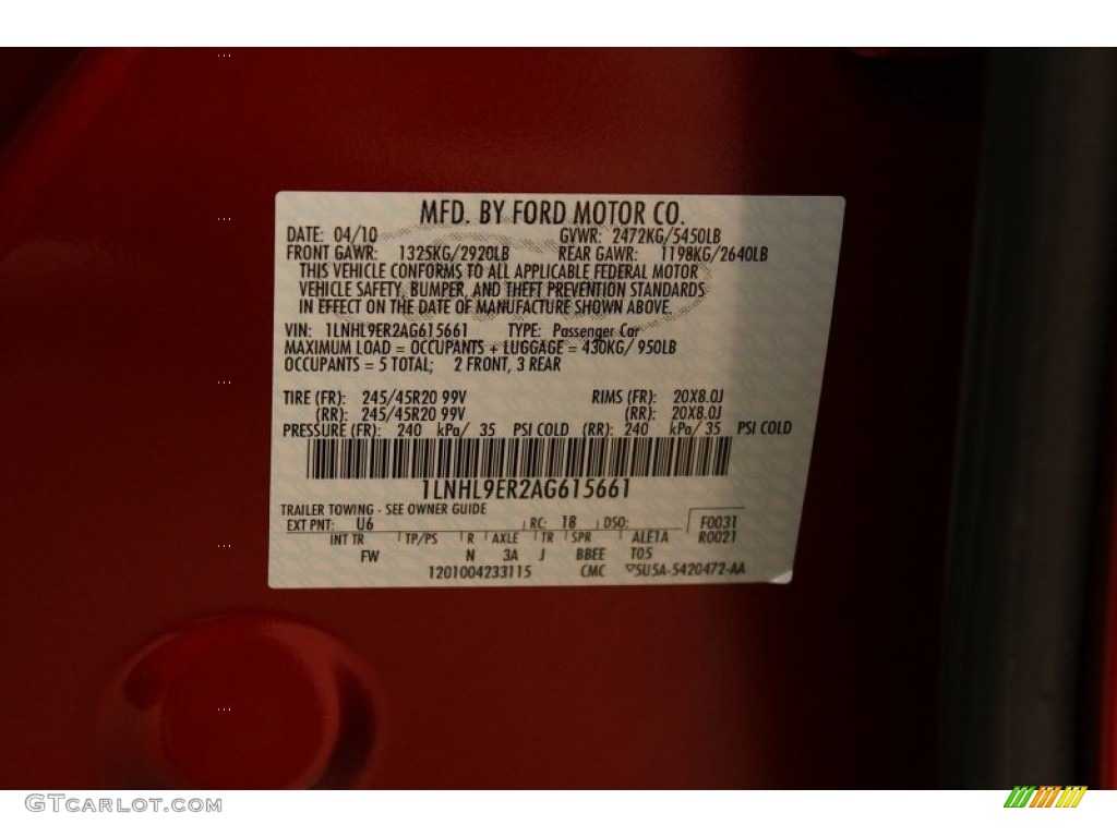 2010 Lincoln MKS AWD Color Code Photos