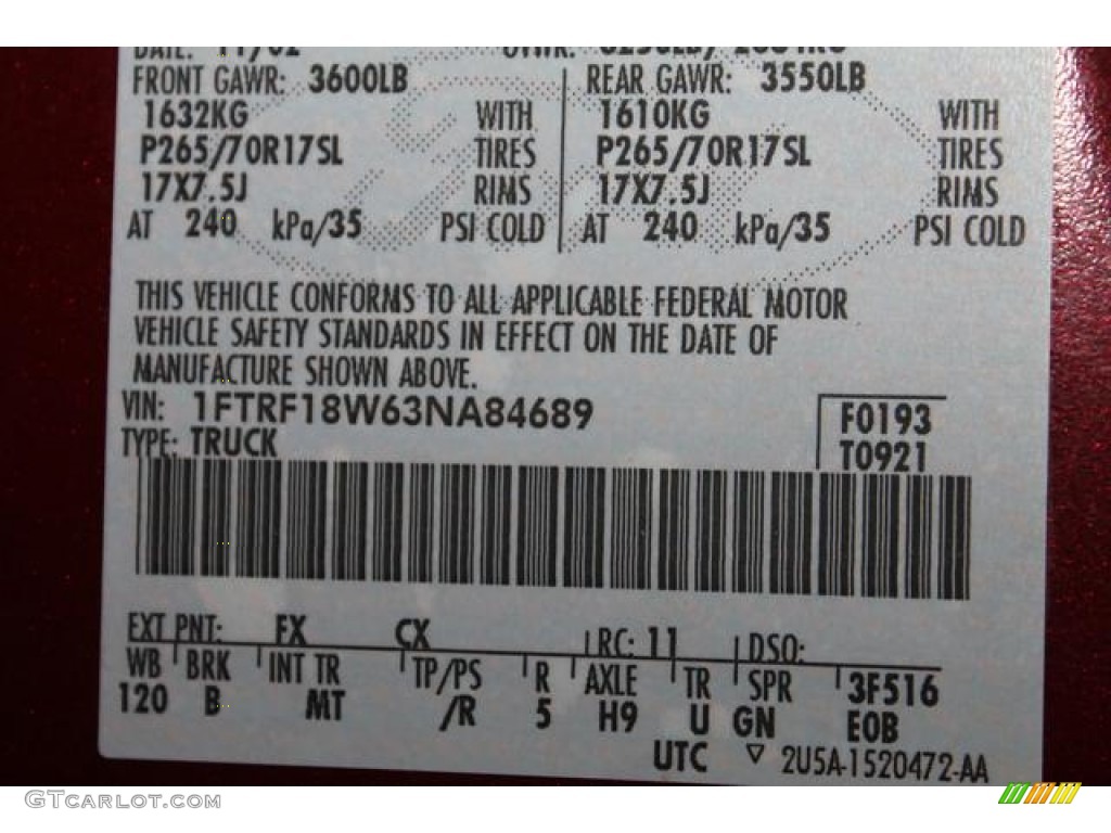2003 Ford F150 XLT Regular Cab 4x4 Color Code Photos