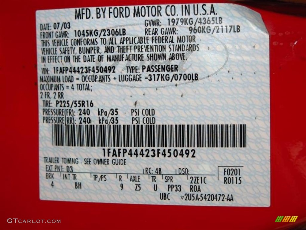 2003 Mustang Color Code D3 for Torch Red Photo #80445974