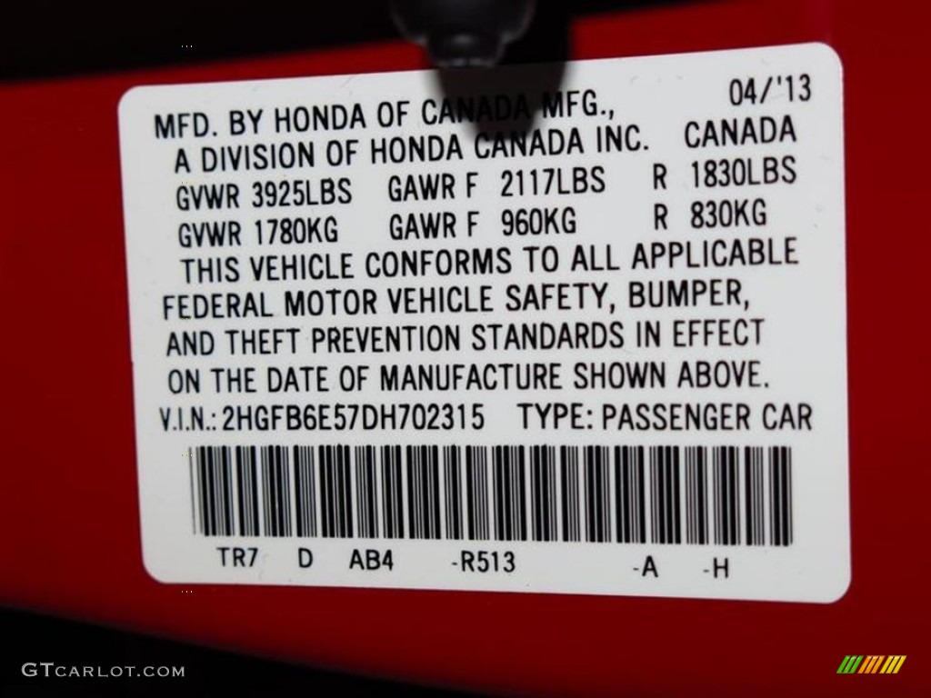 2013 Civic Color Code R513 for Rallye Red Photo #80450066