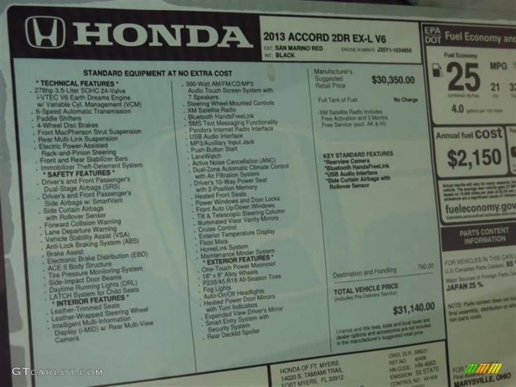 2013 Honda Accord EX-L V6 Coupe Window Sticker Photo #80453846