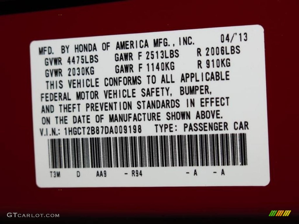 2013 Accord Color Code R94 for San Marino Red Photo #80453867