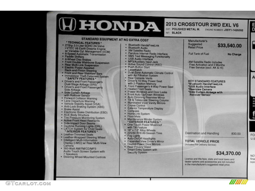 2013 Honda Crosstour EX-L V-6 Window Sticker Photo #80455193