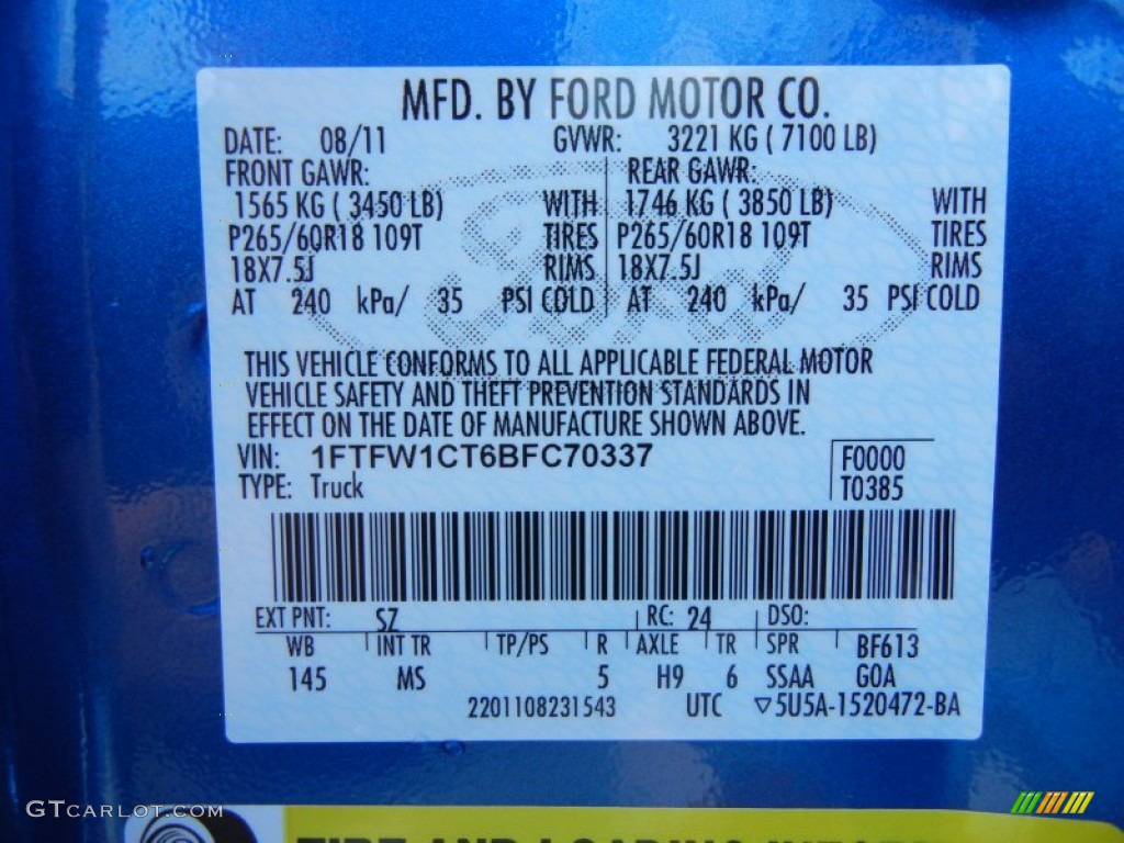2011 Ford F150 XLT SuperCrew Color Code Photos