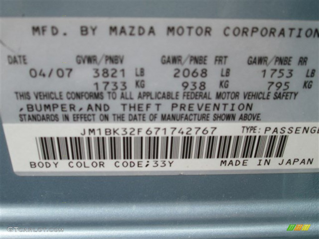 2007 MAZDA3 Color Code 33Y for Ice Blue Metallic Photo #80492126