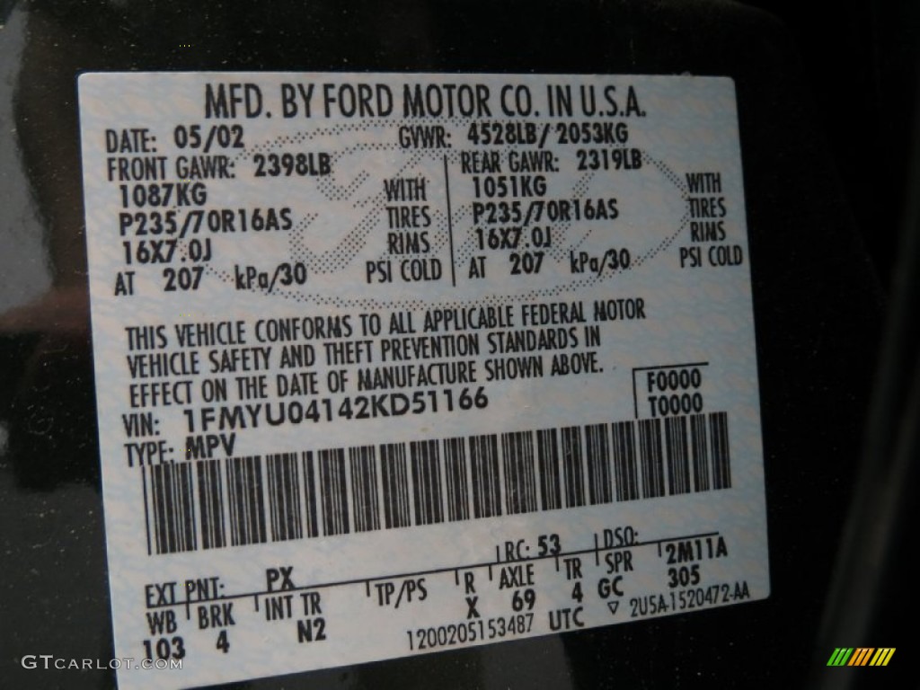 2002 Ford Escape XLT V6 4WD Color Code Photos