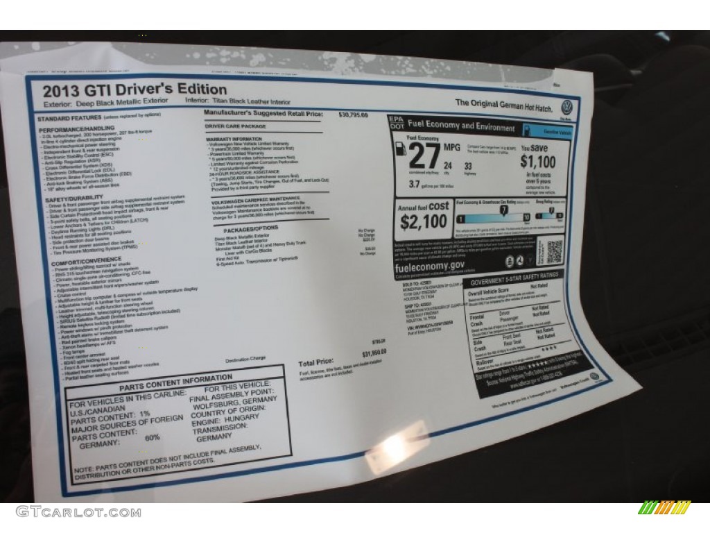 2013 Volkswagen GTI 4 Door Window Sticker Photo #80499121