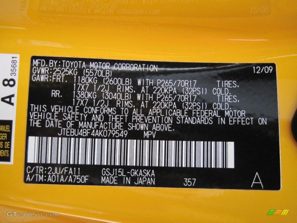 2010 FJ Cruiser Color Code 2JU for Sun Fusion Yellow Photo #80510623