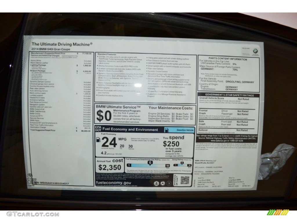 2014 BMW 6 Series 640i Gran Coupe Window Sticker Photo #80523823