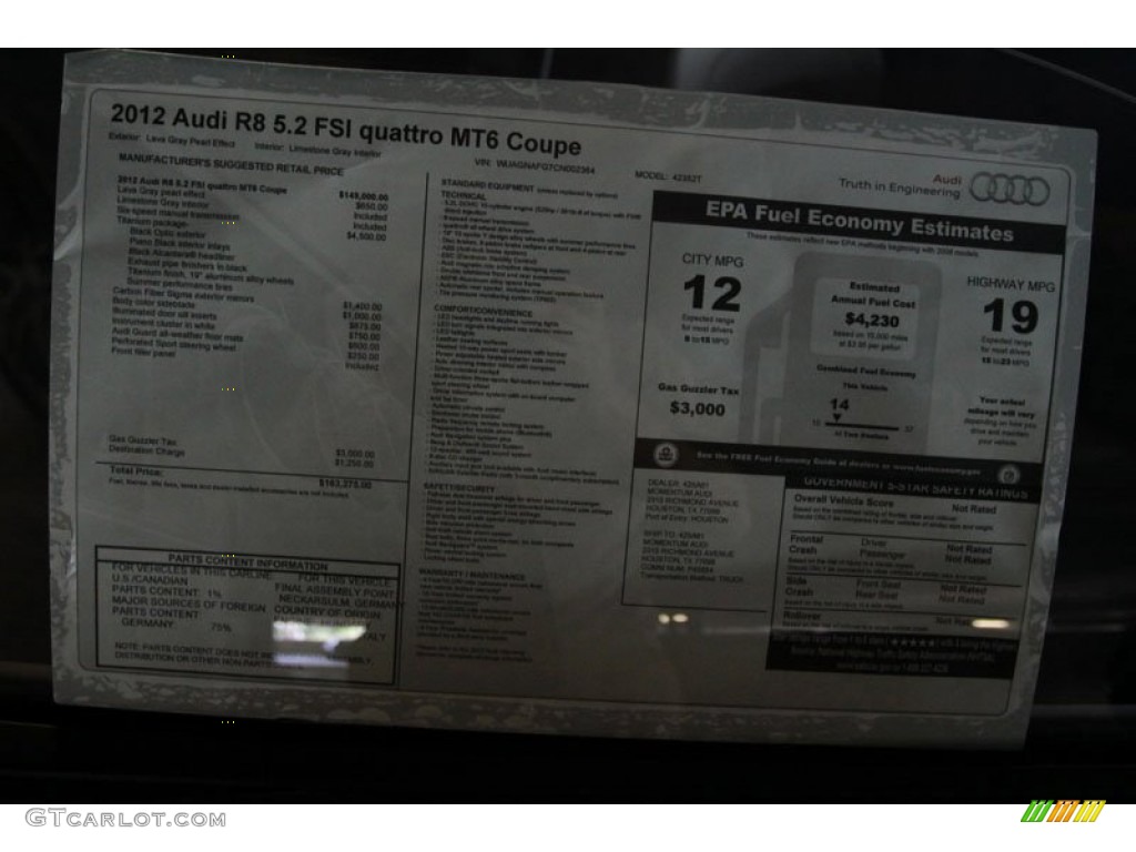 2012 Audi R8 5.2 FSI quattro Window Sticker Photo #80526607