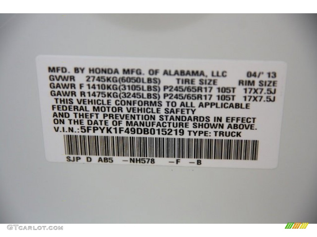 2013 Ridgeline Color Code NH578 for White Photo #80529613