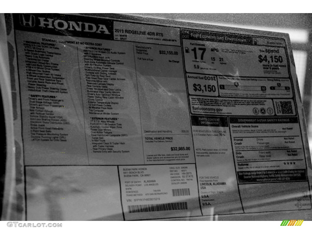 2013 Honda Ridgeline RTS Window Sticker Photo #80529631