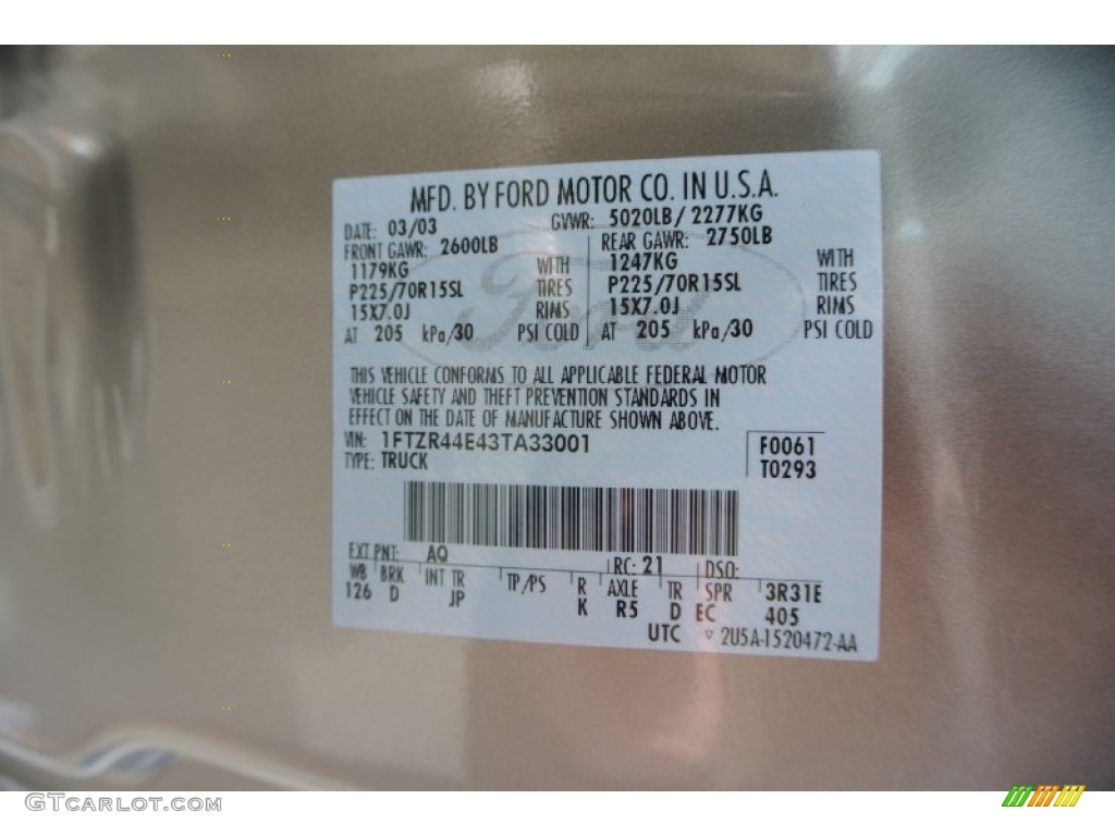 2003 Ranger Color Code AQ for Arizona Beige Metallic Photo #80536846