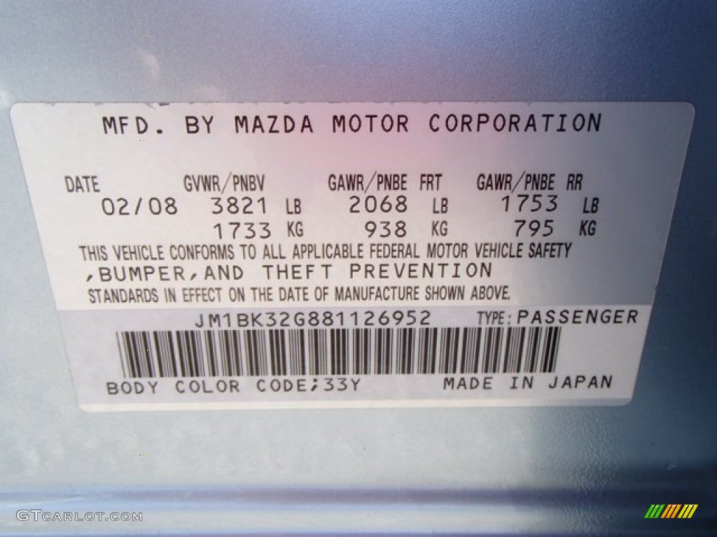 2008 MAZDA3 Color Code 33Y for Icy Blue Metallic Photo #80556061