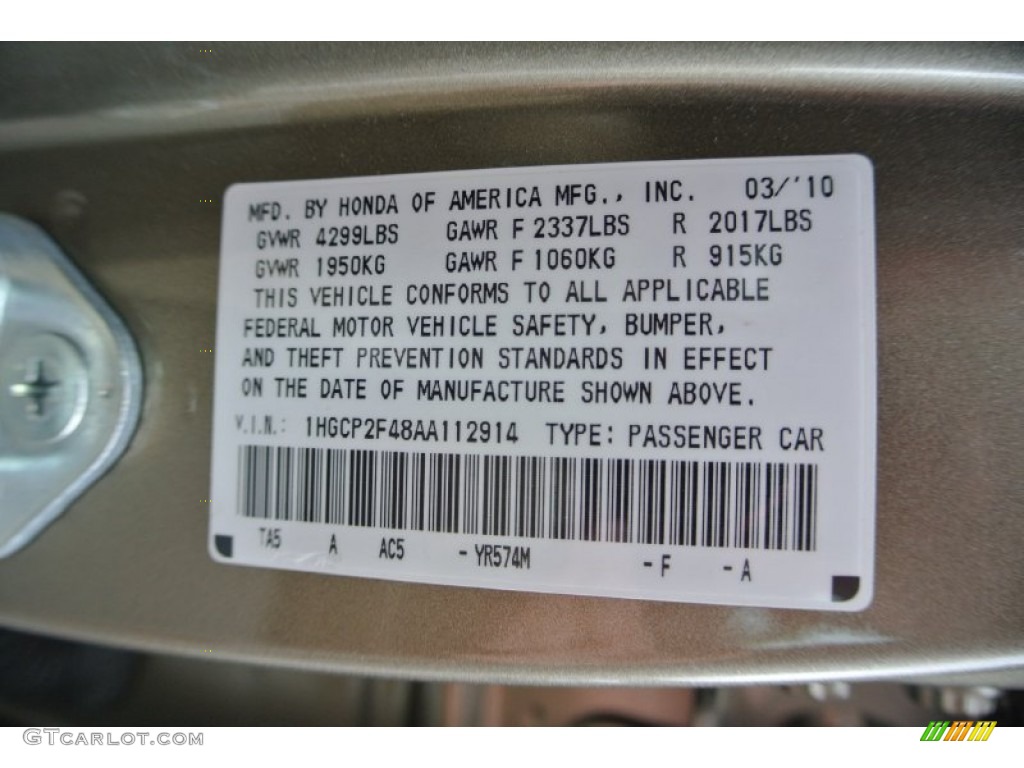 2010 Honda Accord LX-P Sedan Color Code Photos