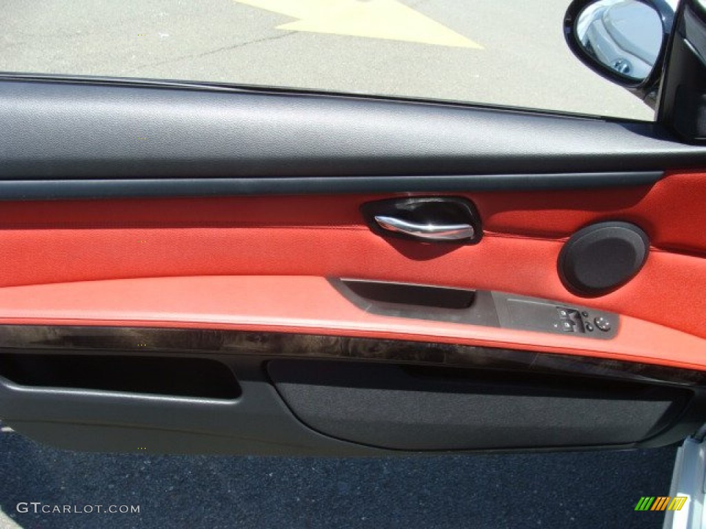2009 BMW 3 Series 328xi Coupe Coral Red/Black Dakota Leather Door Panel Photo #80584687