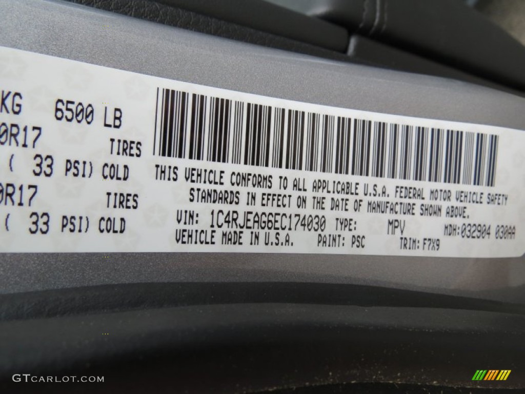2014 Grand Cherokee Color Code PSC for Billet Silver Metallic Photo #80594909