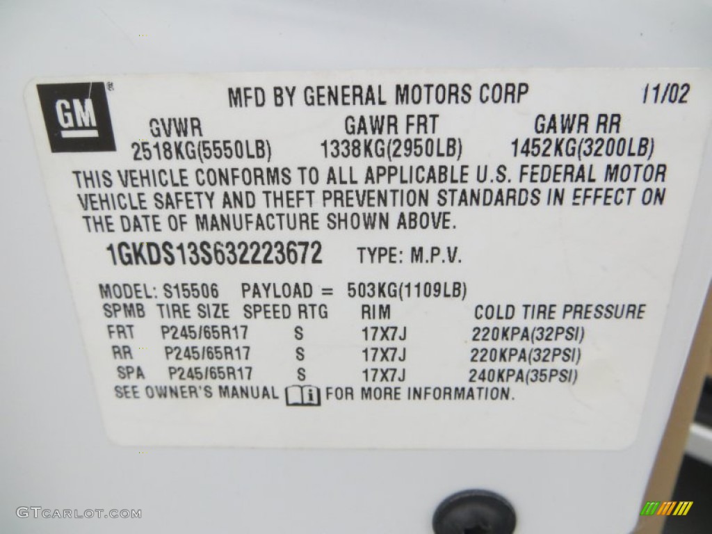 2003 GMC Envoy SLE Info Tag Photo #80598880