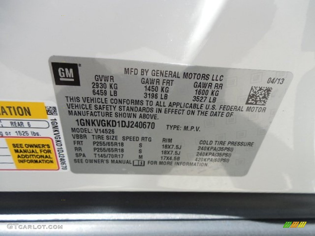 2013 Chevrolet Traverse LT AWD Info Tag Photo #80616788