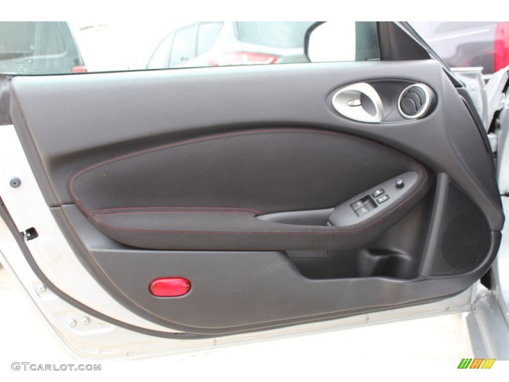2010 Nissan 370Z NISMO Coupe NISMO Black/Red Cloth Door Panel Photo #80617299