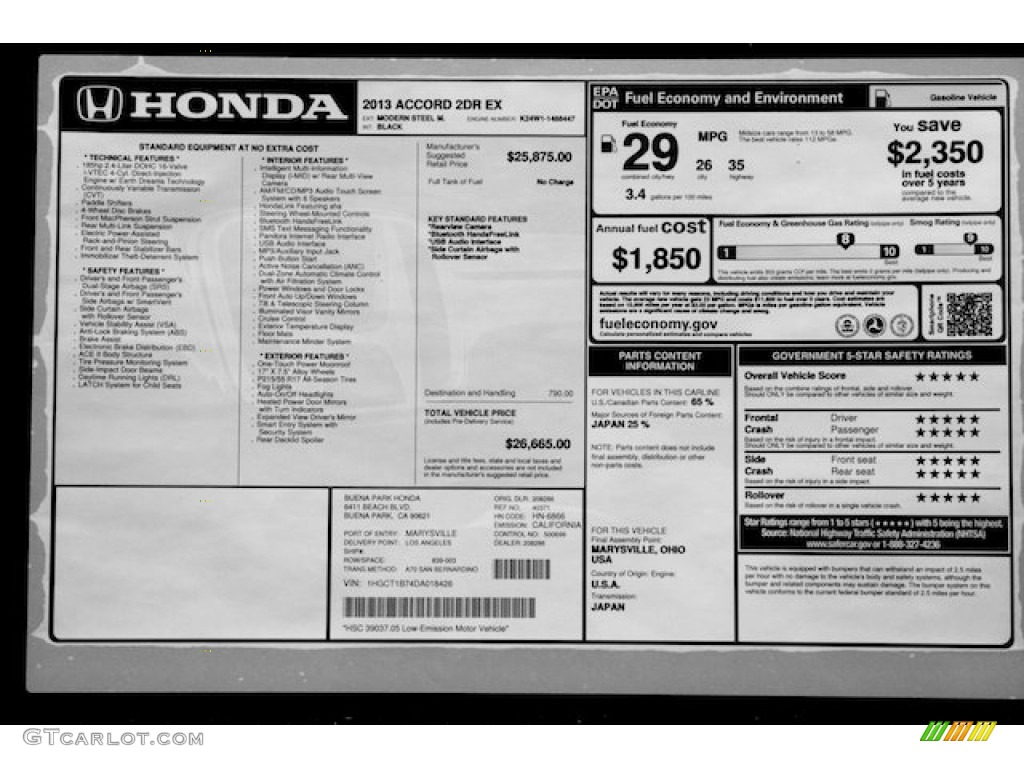 2013 Honda Accord EX Coupe Window Sticker Photo #80638245