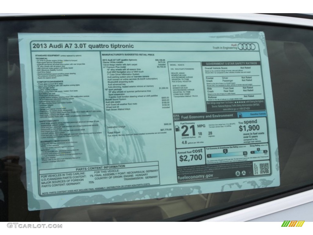 2013 Audi A7 3.0T quattro Premium Plus Window Sticker Photo #80640904