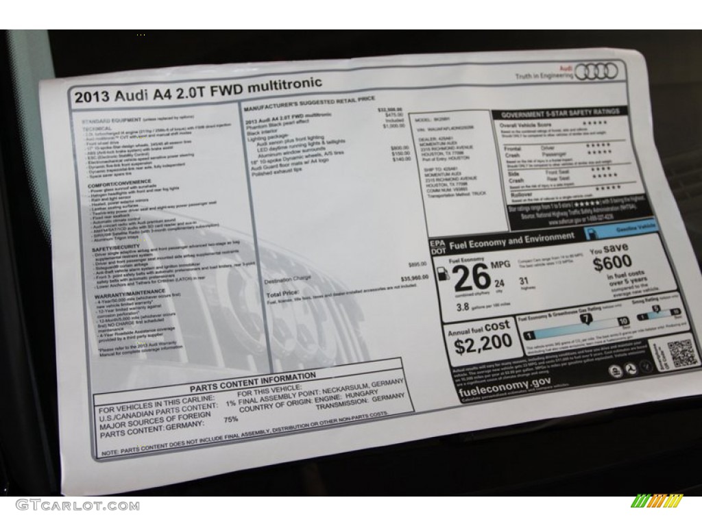 2013 Audi A4 2.0T Sedan Window Sticker Photo #80643535
