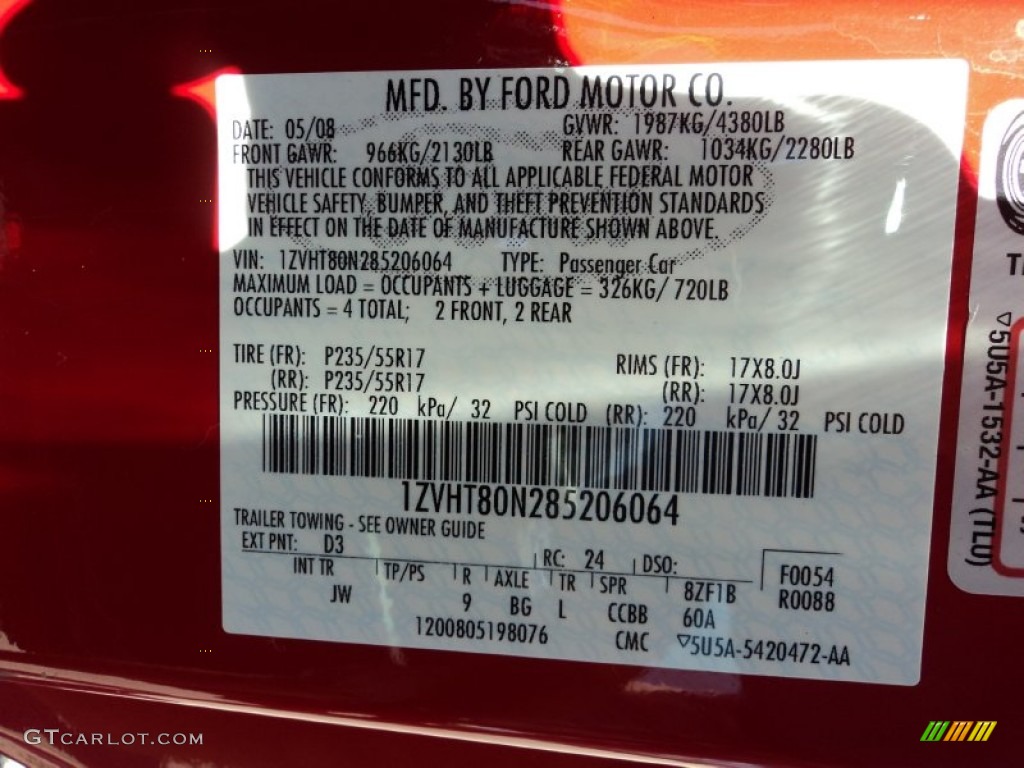 2008 Ford Mustang V6 Premium Coupe Color Code Photos