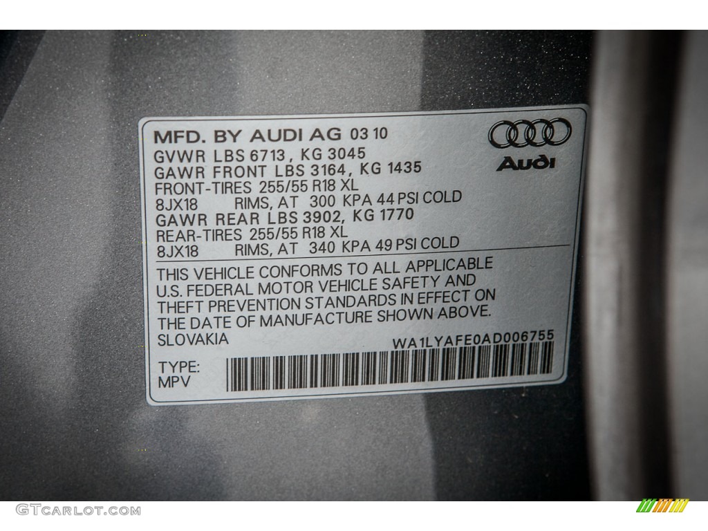 2010 Audi Q7 3.6 Premium Plus quattro Info Tag Photos