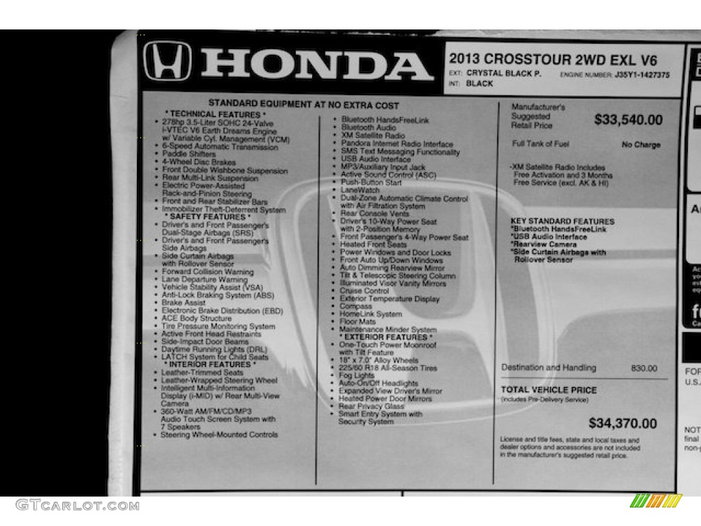 2013 Honda Crosstour EX-L V-6 Window Sticker Photo #80700550