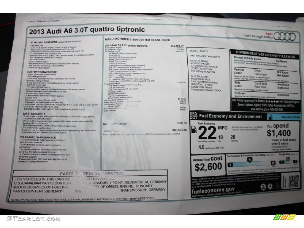 2013 Audi A6 3.0T quattro Sedan Window Sticker Photo #80702333