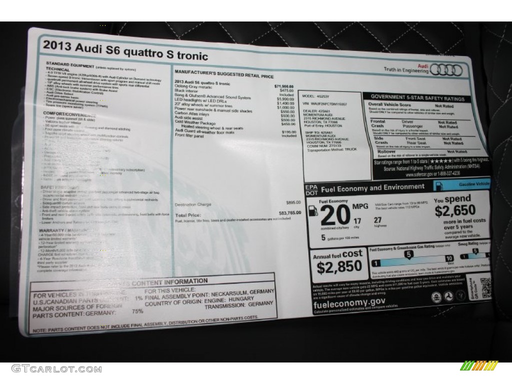 2013 Audi S6 4.0 TFSI quattro Sedan Window Sticker Photo #80703372