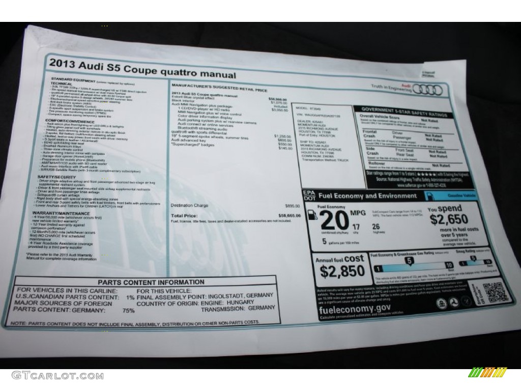 2013 Audi S5 3.0 TFSI quattro Coupe Window Sticker Photo #80709119