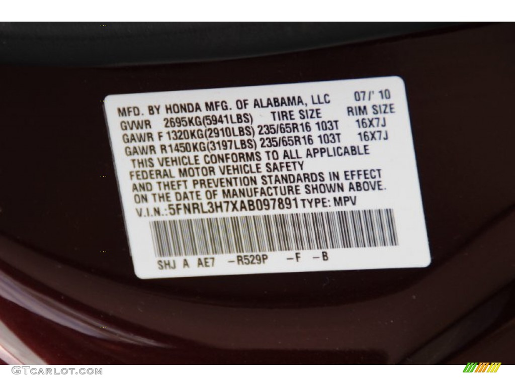 2010 Honda Odyssey EX-L Color Code Photos