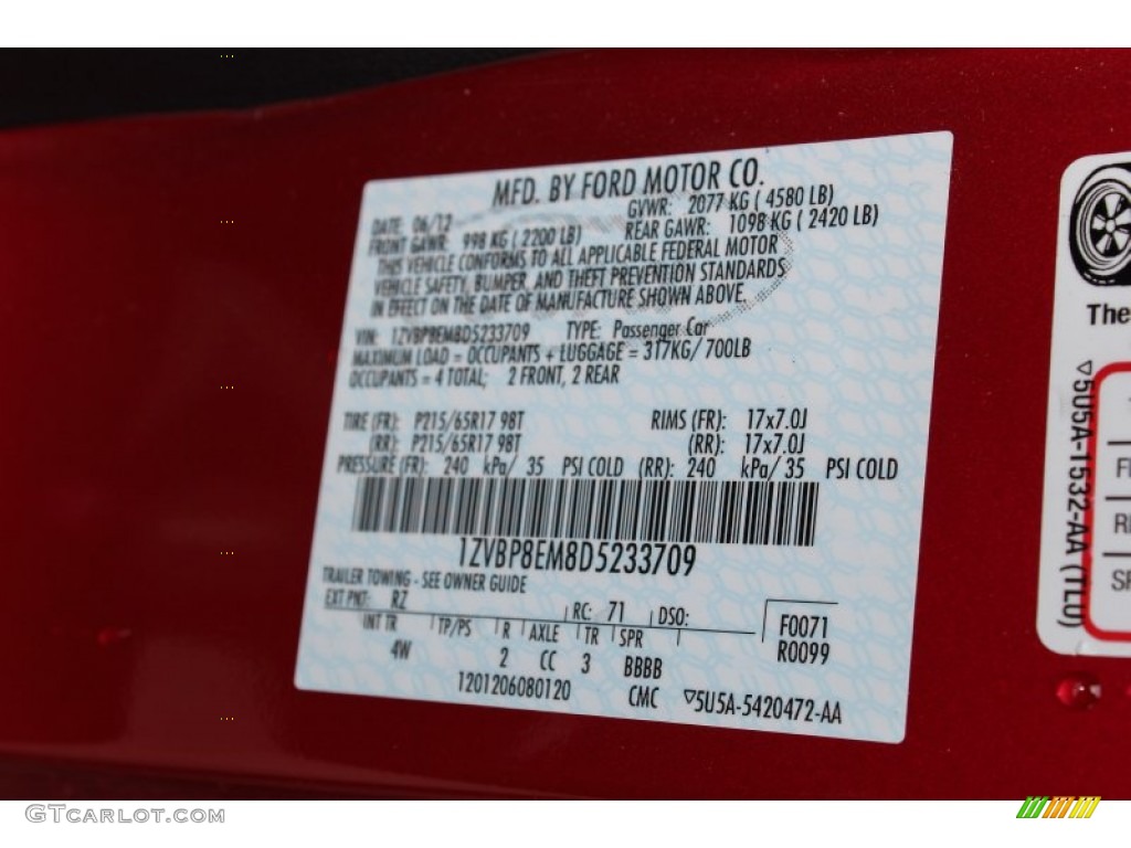 2013 Mustang Color Code RZ for Red Candy Metallic Photo #80716223