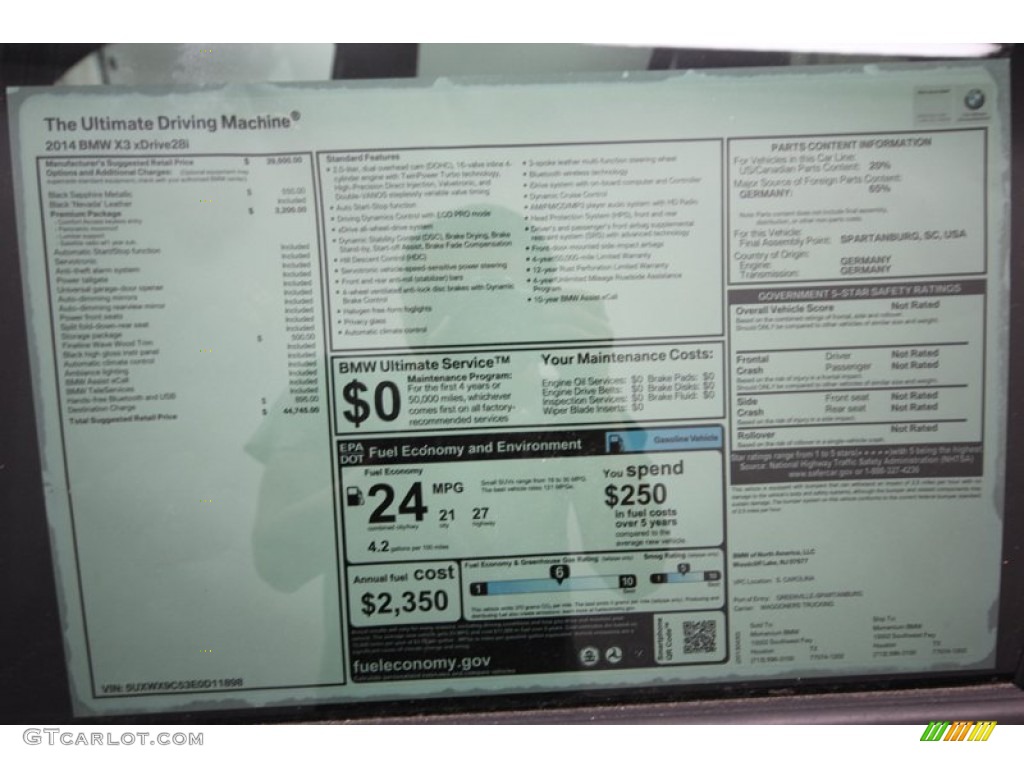 2014 BMW X3 xDrive28i Window Sticker Photo #80716832