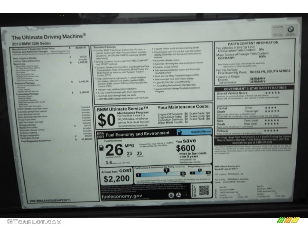2013 BMW 3 Series 328i Sedan Window Sticker Photo #80721587