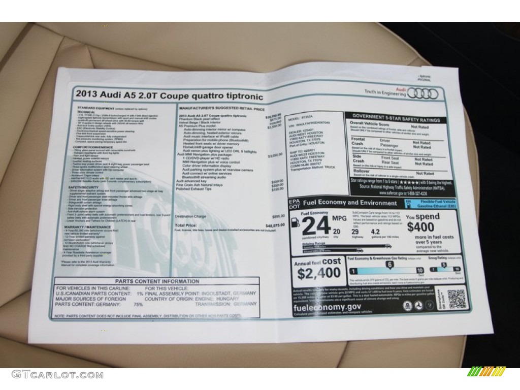 2013 Audi A5 2.0T quattro Coupe Window Sticker Photo #80741073