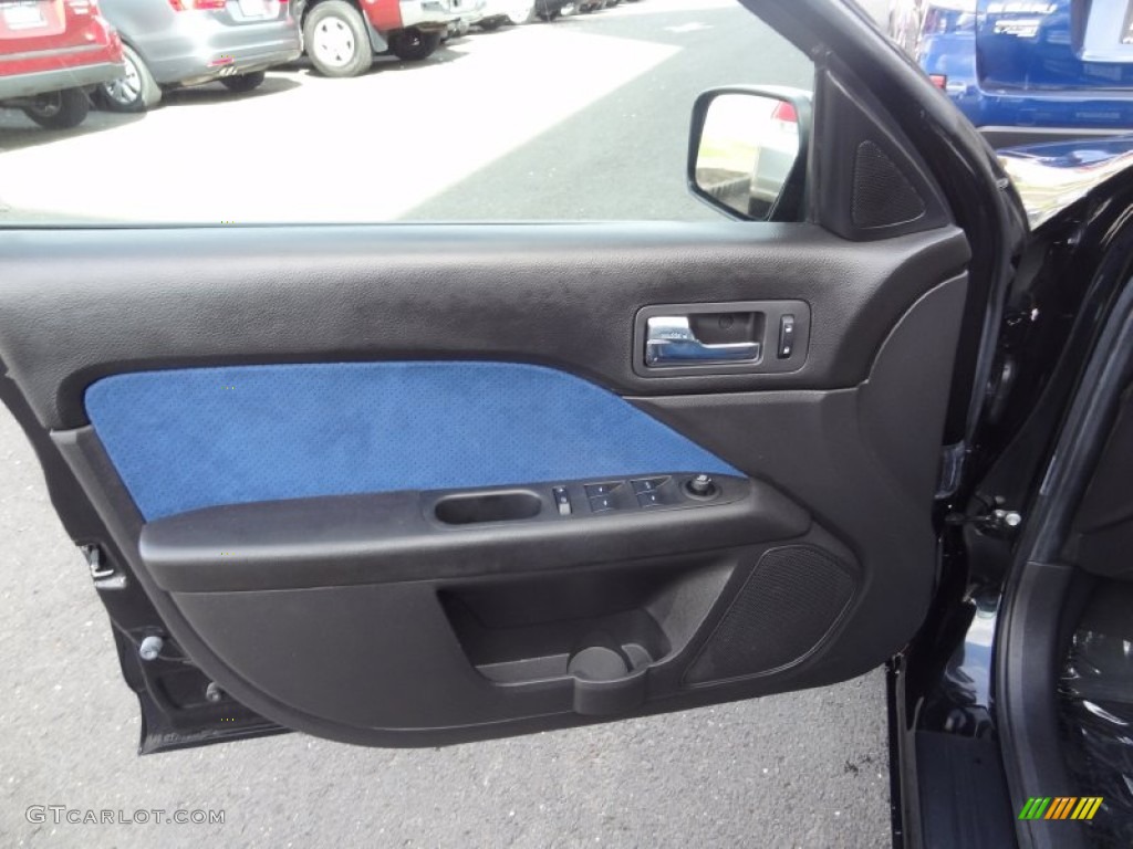 2009 Ford Fusion SE Blue Suede Alcantara Blue Suede/Charcoal Black Leather Door Panel Photo #80743203