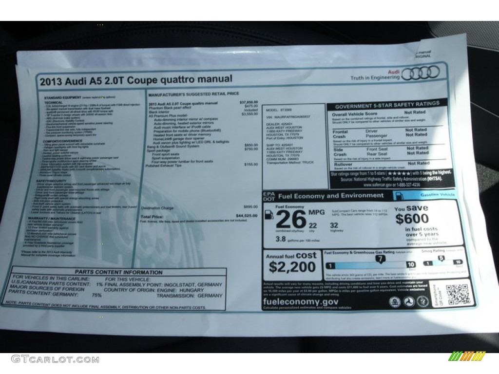 2013 Audi A5 2.0T quattro Coupe Window Sticker Photo #80743509