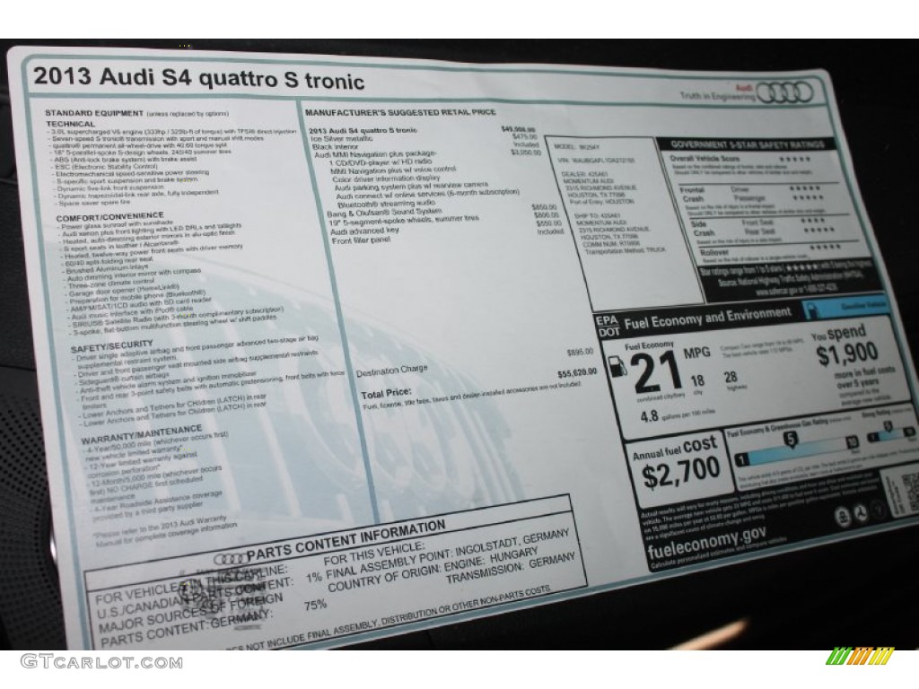 2013 Audi S4 3.0T quattro Sedan Window Sticker Photo #80748438