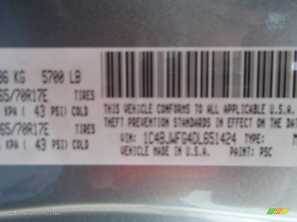 2013 Wrangler Unlimited Color Code PSC for Billet Silver Metallic Photo #80753037