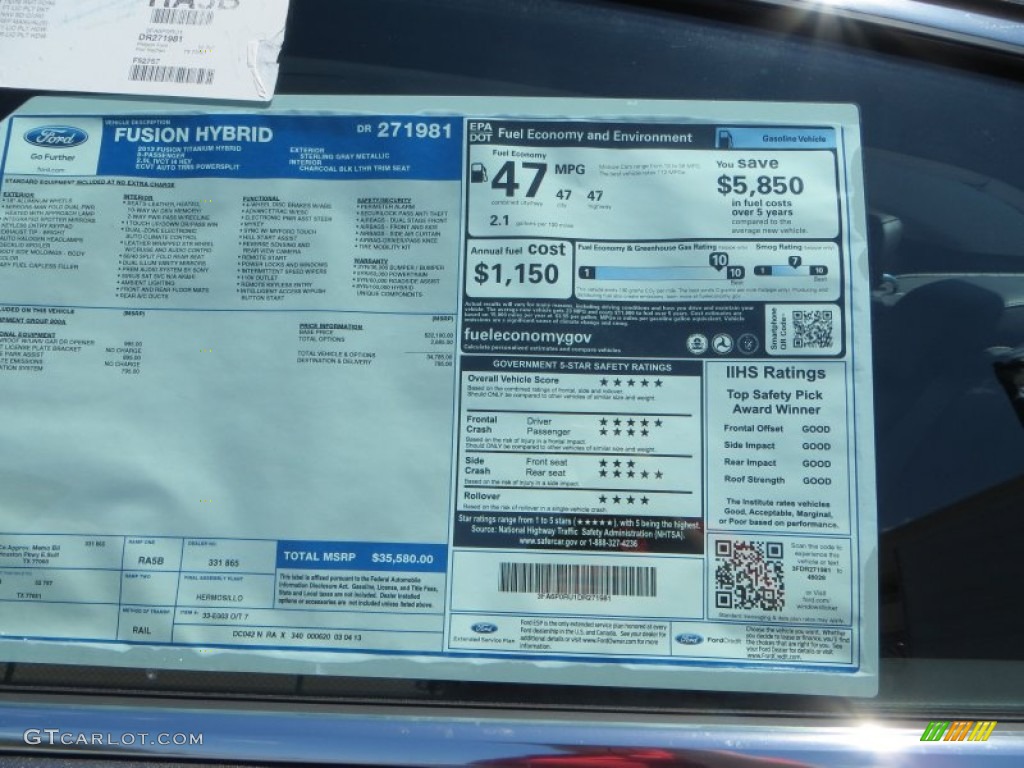 2013 Ford Fusion Hybrid Titanium Window Sticker Photo #80763819