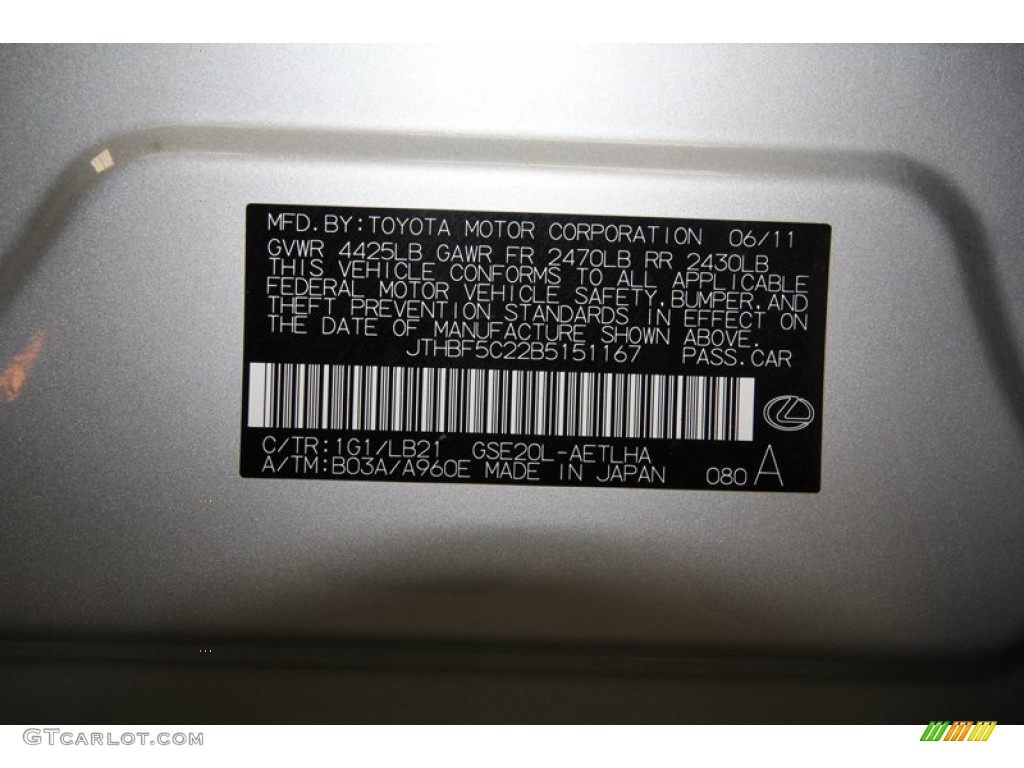 2011 Lexus IS 250 Color Code Photos