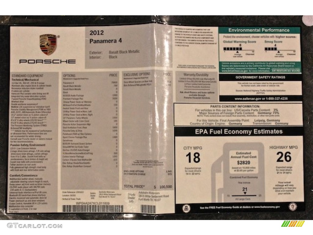 2012 Porsche Panamera 4 Window Sticker Photo #80768705